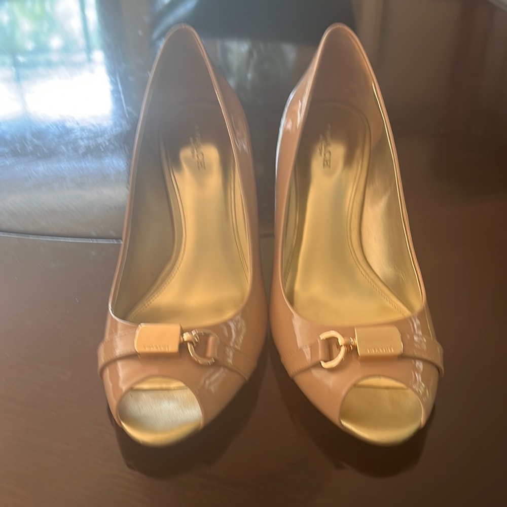 coach peep toe nude patent wedge, size 9B